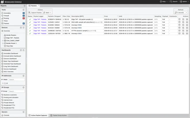 Wanguard Console: the Active Packet Captures list of a Packet Sensor with six running captures, their BPF filters, packet and drop counters, file sizes and the anomalies that started three of them