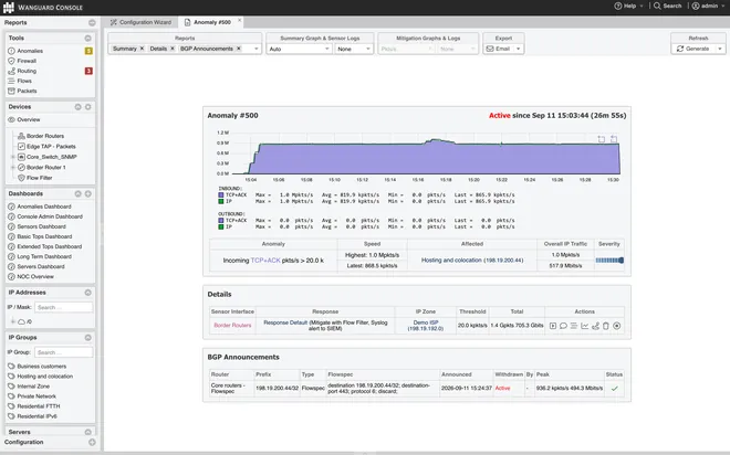 Wanguard Console: an anomaly report whose BGP Announcements section shows a Flowspec discard rule with per-rule packet and bit counters