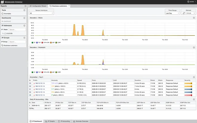 Wanguard Console: a customer portal session restricted to one IP group, with decoder graphs, the top anomalies and daily IP accounting