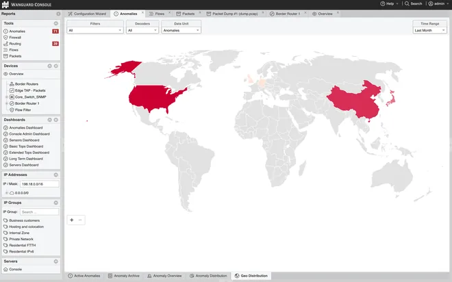 Wanguard Console: the Geo Distribution report of anomalies over the last month, highlighted on a world map