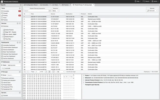 Wanguard Console: the packet analyzer showing a packet list, the decoded protocol tree and the hex dump of one packet