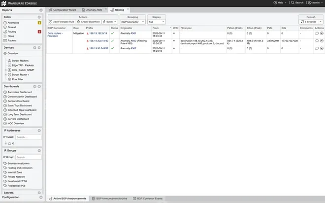 Wanguard Console: the Routing tool listing active BGP announcements with Flowspec rules and their packet and bit counters